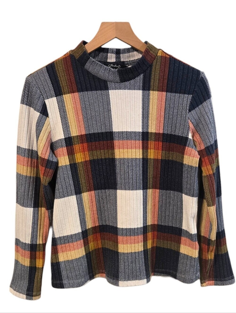 Charlie B Autumn Plaid Ribbed Mock Neck Pullover Large